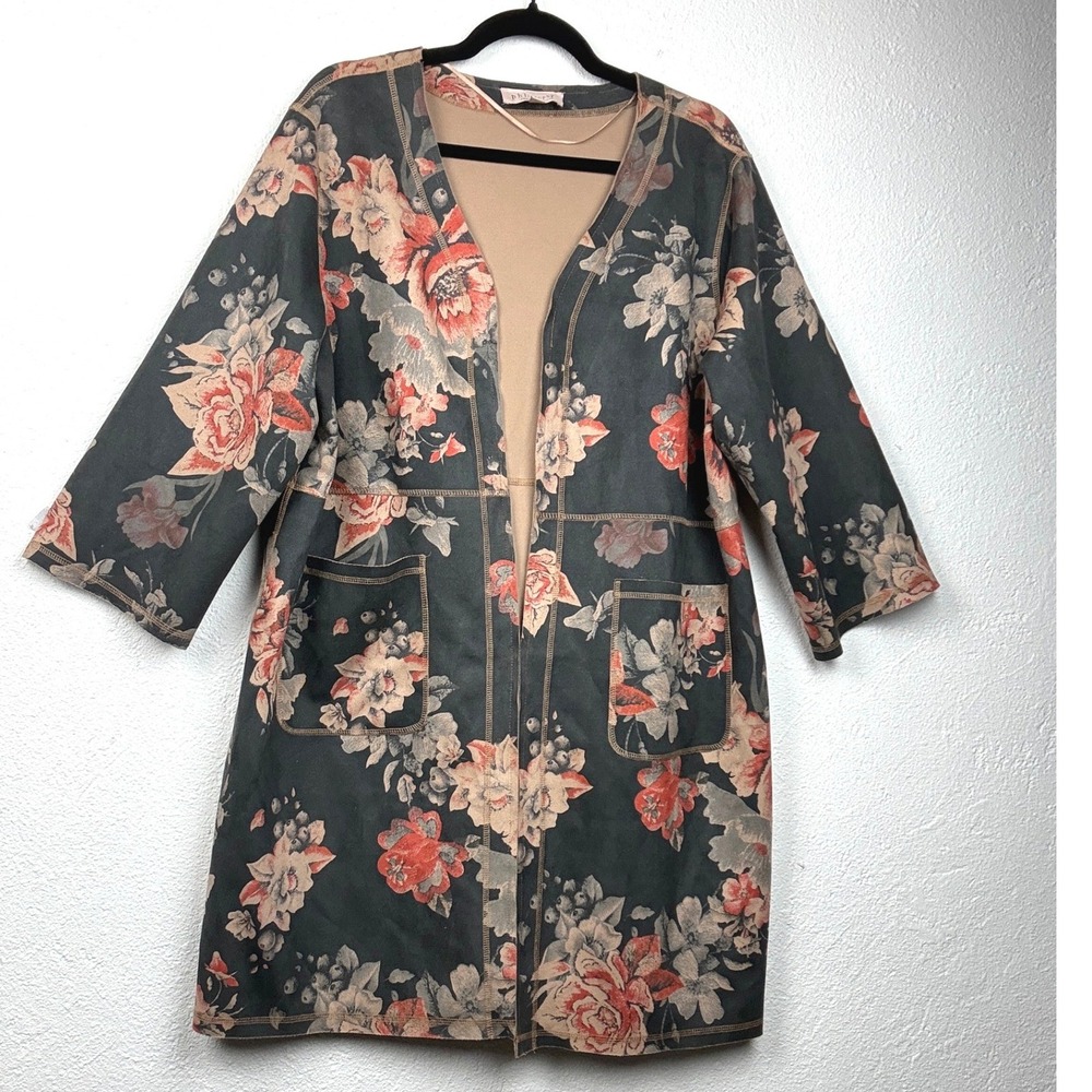 Philosophy Black Floral Faux Leather Open Front Jacket - 1X- Boho Artistic Chic